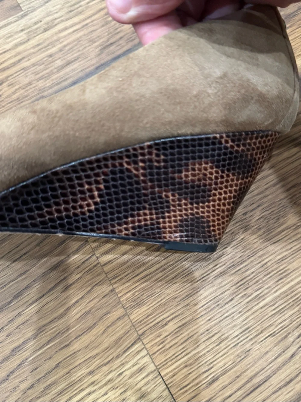 Donald J. Pliner Tan Suede Wedge Pumps with Patterned Heel